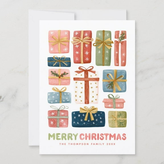 Festive Merry Christmas Card - Colorful Gifts Design with Personalized Family Name - Blank Inside for Heartfelt Messages - Perfect Holiday Greeting Card