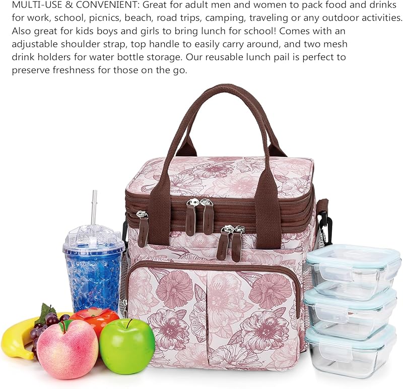 Lunch Bag Insulated Expandable Lunch Box for Women - Reusable Adults Floral Lunch Tote Bag Lunch Box for Office Work Picnic (Yellow Flower)