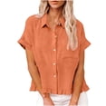 thumbnail image 2 of Endives Womens Button Down Shirt Summer Fashion Linen Shirt for Women Short Sleeve Shirt Casual Blouse Tops Spring Outfits Orange, 2 of 7