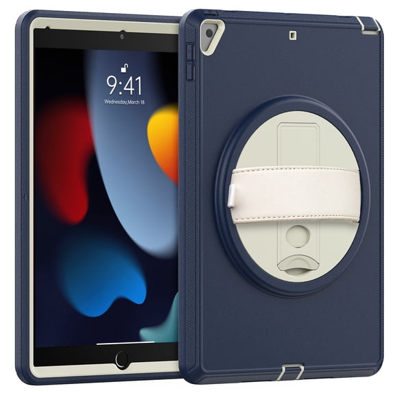 SaniMore for iPad 10.2" (9th/8th/7th Generation, 2021/2020/2019) Case, 3 Layers Multi-Functional Cover with 360° Rotation Hand Strap & Kickstand Pencil Holder Full Body Protective Shell, Darkblue+Whit