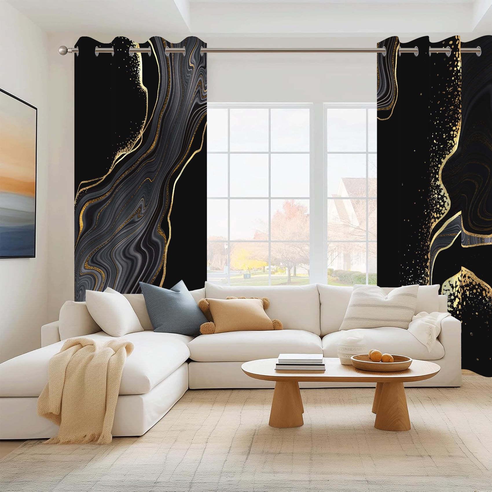 Dashan Black Gold Marble Blackout Window Curtain for Living Room,Thermal Insulated Curtains,52x84 Inch,Set of 2