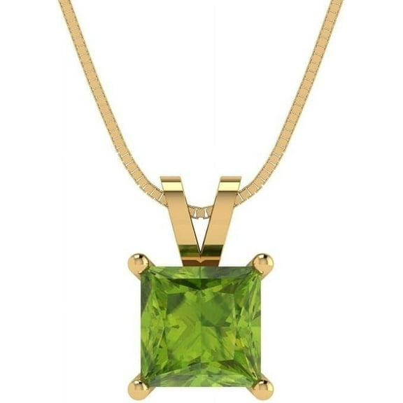 Brilliance Jewels 2.0ct Princess Cut Lab-Created Peridot Pendant Necklace for Women, 14k Yellow Gold Plated