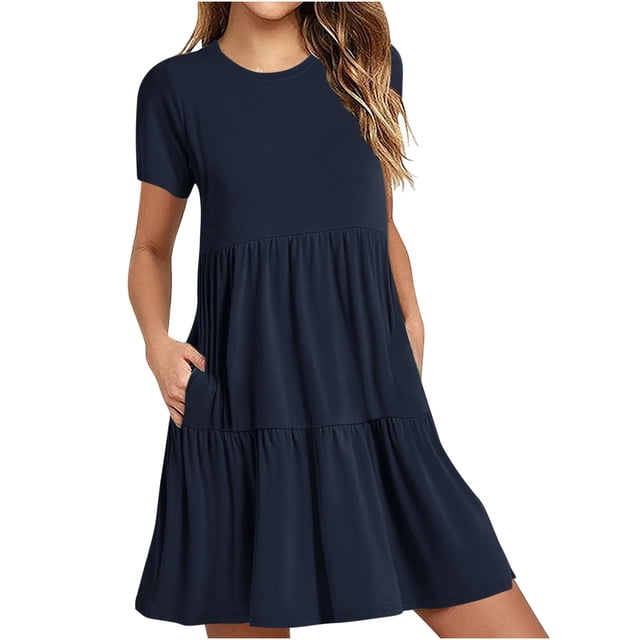 Pisexur Robes Midi pour Femmes Manches Courtes Col Rond Robes d'Été Mode Unie Fluide Décontractée Robe à Volants avec Poches
