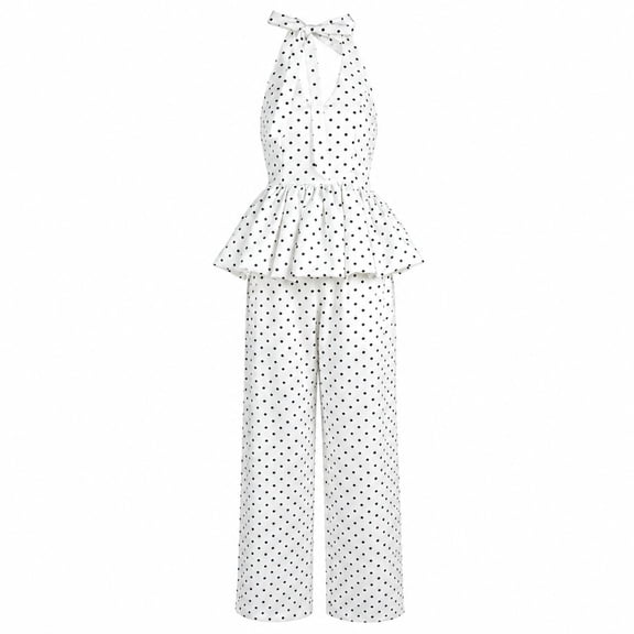 Women’s Polka Dot Halter Peplum Top and Wide Leg Pants 2 Piece Outfit