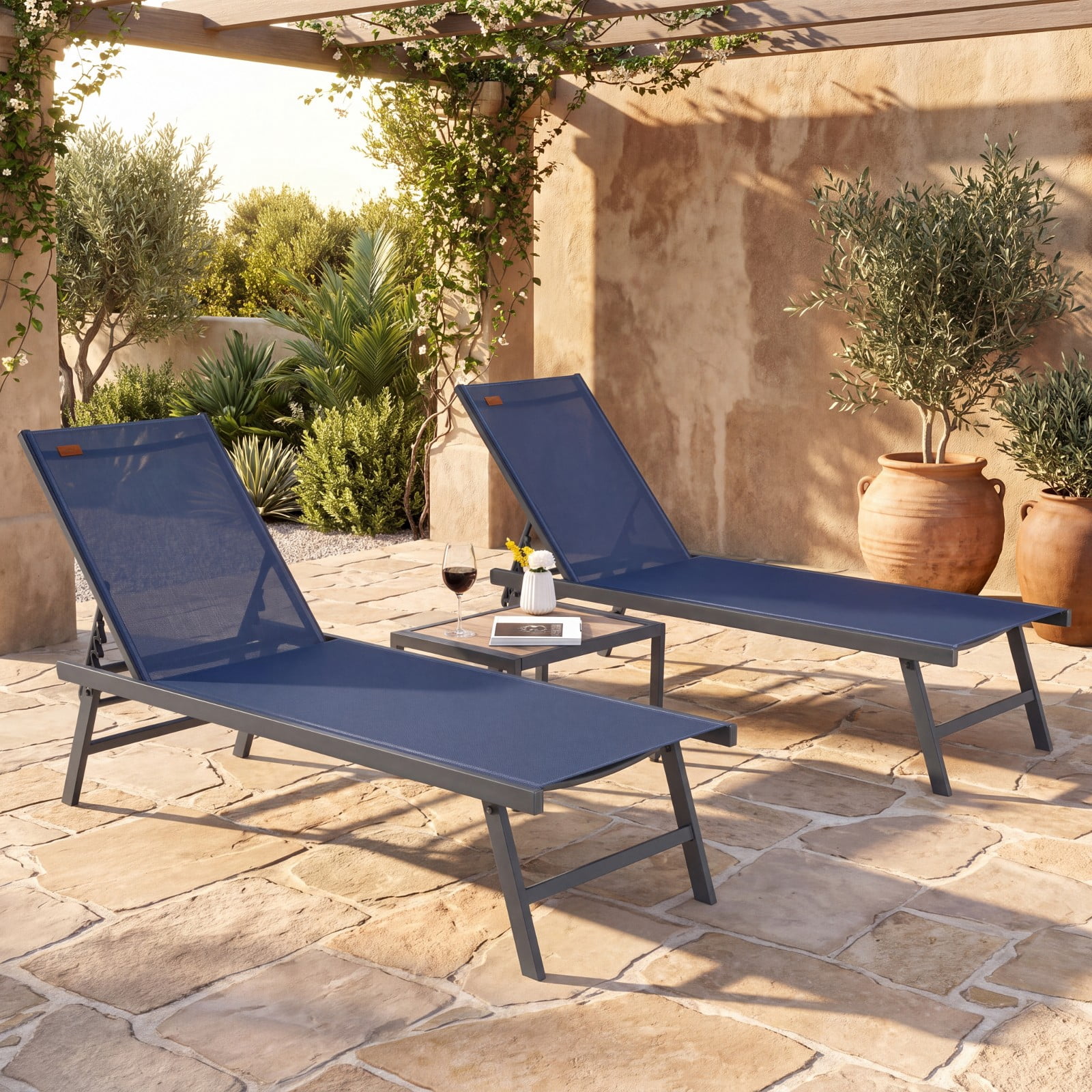 Furnibear 3 Piece Patio Chaise Lounge Set of 2 with Adjustable Backrest Aluminum Frame Breathable Seat and DPC Side Table for Poolside Yard, Navy
