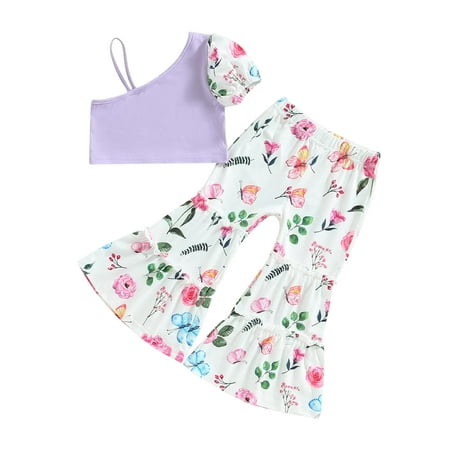

Vakind Baby Girls Clothes Set Casual Floral Print Patchwork Vest+Bell Bottoms Pants Set