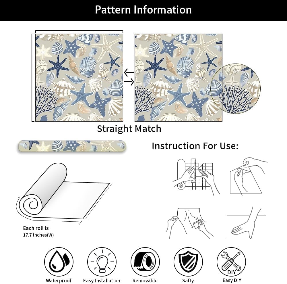 Boho Beige Cream Grey Blue Under The Sea Animal Coral Starfish Shell Peel and Stick Wallpaper Contact Paper Vintage Vinyl Stick on Wall Paper for Bedroom Bathroom Kitchen Cabinet Renter Friendly