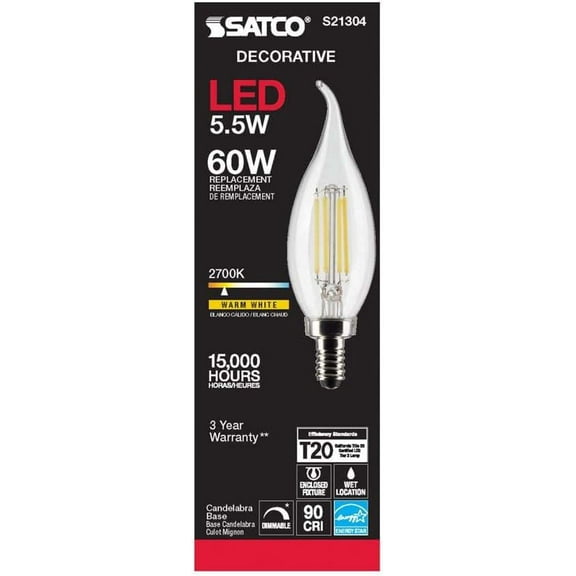 5.5 Watt CA10 LED - Clear - Candelabra base - 90 CRI - 2700K - 120 Volt -  6 Pack