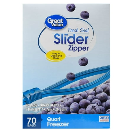 Great Value Slider Zipper Freezer Bags, Quart, 70 Count
