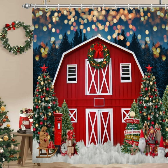 Christmas Tree Shower Curtain,Xmas Scene Red Barn Bathroom Curtain,Fabric Bath Curtain with Hooks 72"x72"