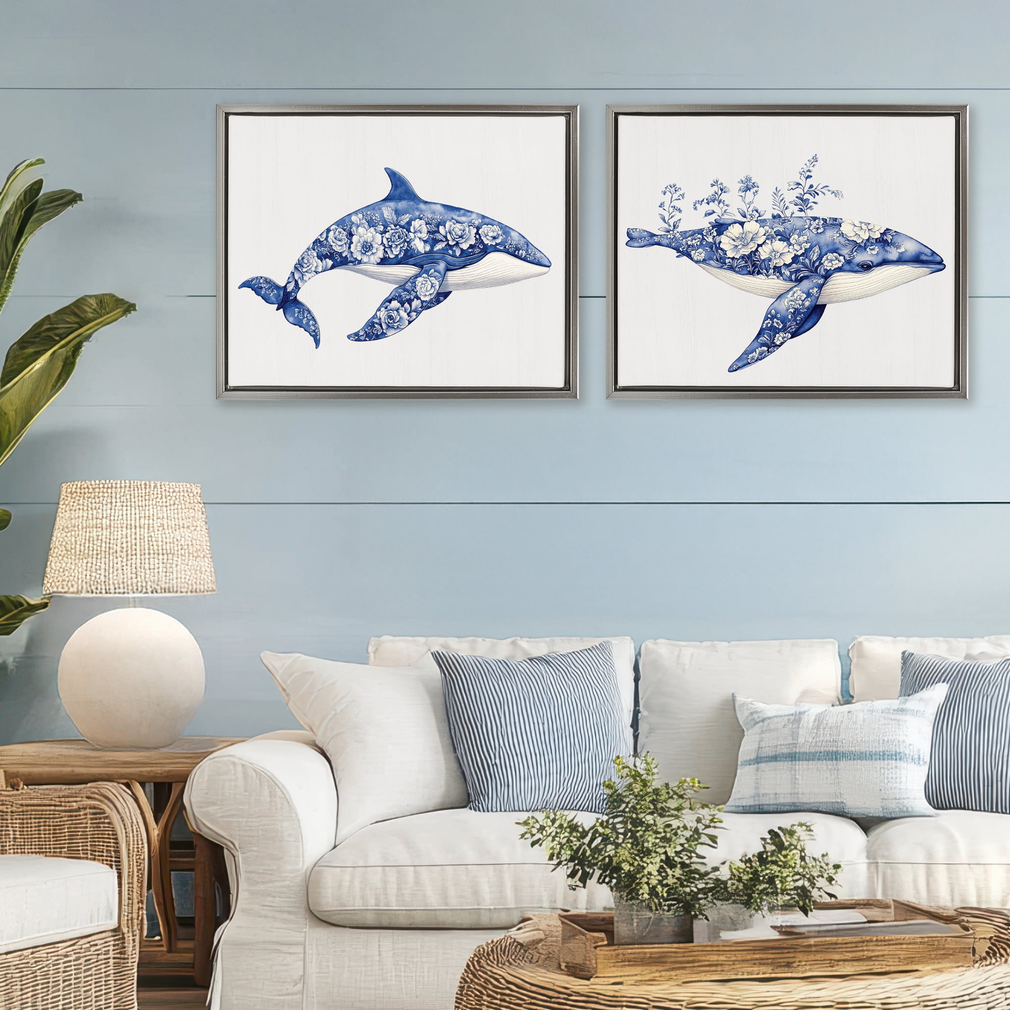 Blooming Toile Pattern Whales 2 Piece Gray Framed Floater Canvas Set, design by Lettered and Lined