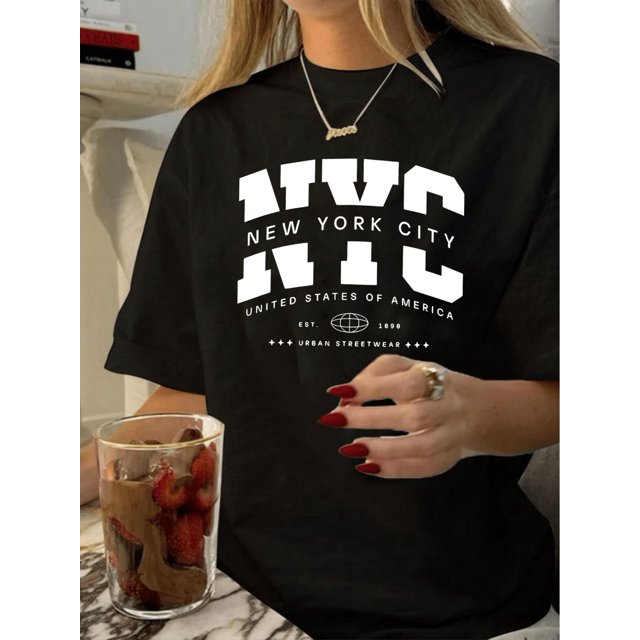 1pc Vintage NYC All Stars Graphic Tee, Women'S Casual Crew Neck Short Sleeve T-Shirt, 100% Polyester Knit Fabric, Geometric Pattern Summer Top