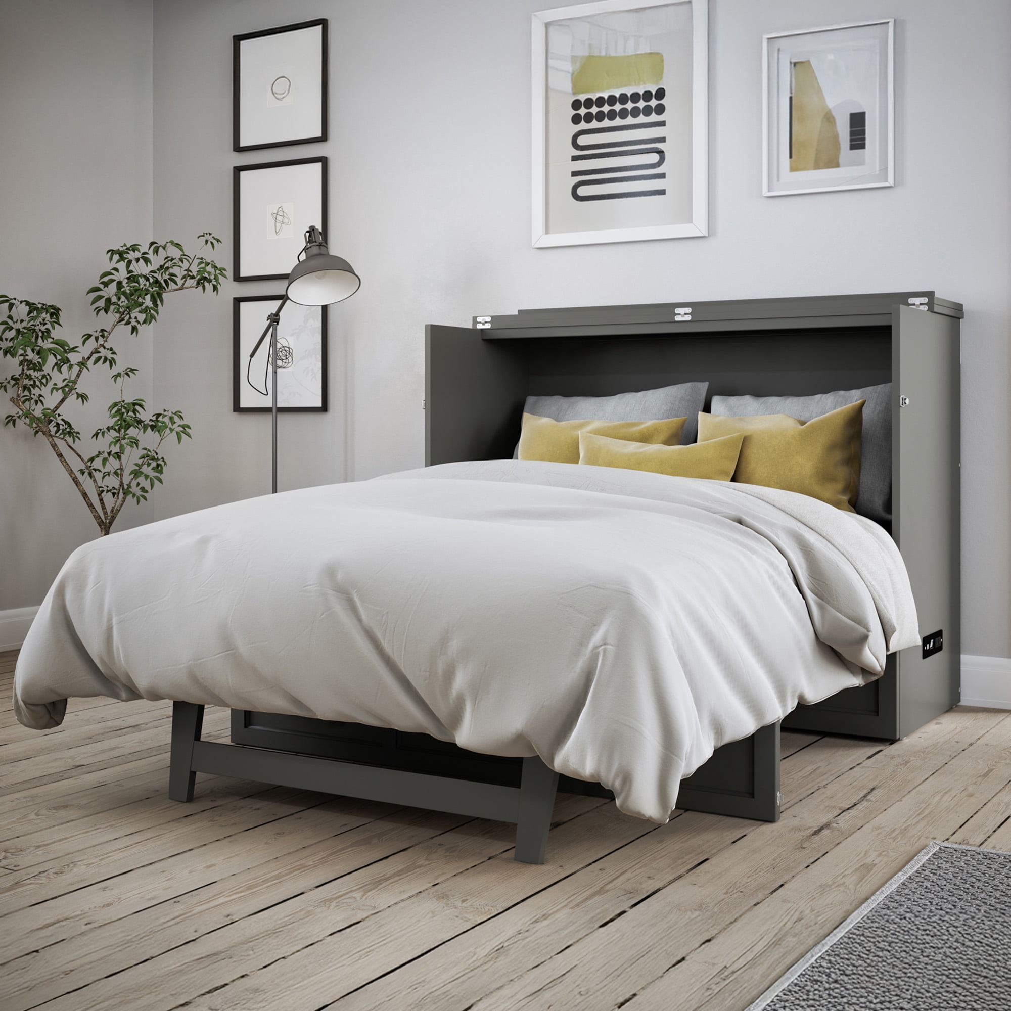 AFI Deerfield Full Solid Wood Murphy Bed Chest with Mattress, Drawer & Charger in Gray