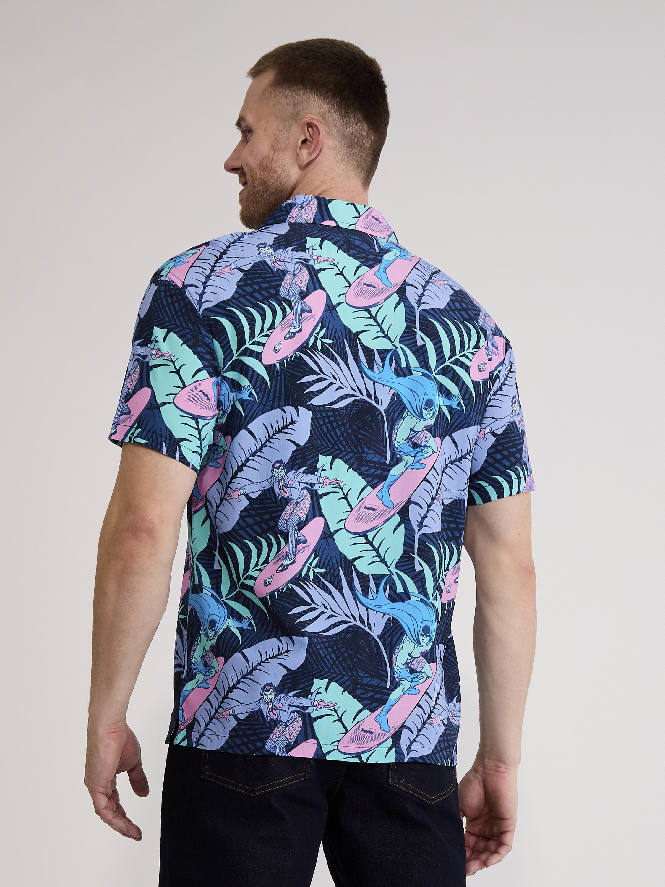 Batman Men's and Big Men's Floral Graphic Button-Up Resort Shirt, Sizes S-3XL