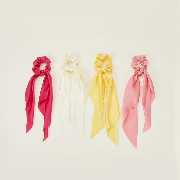 4Pcs 4 Colors Satin Face Cloth Elastic Hair Accessories for Women Scrunchie Scrunchy Hair Ties with Long Tail Knotted Hair Scarf Ponytail Holder Mixed Color 280mm