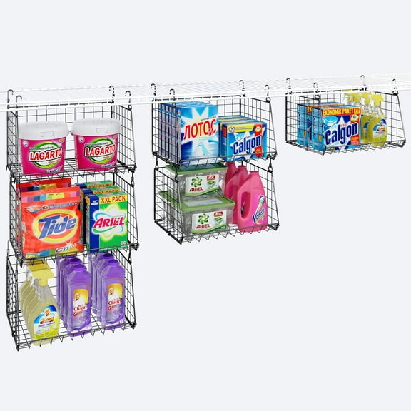 Cosrack 3-Tiers Wire Storage Basket with Hanging Hooks, Over Washer and Dryer Shelves, Black