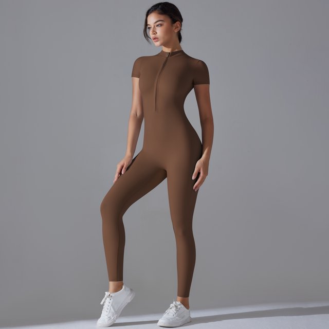 Conjunto de yoga 2025, mono de mujer, traje de una pieza con cremallera, manga corta, ropa de entrenamiento para gimnasio, traje de fitness, ropa deportiva, chándal