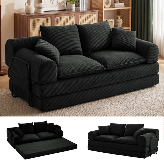 5‑in‑1 Convertible Sleeper Sofa Bed, 79 Inch Black Corduroy Boneless Folding Futon Cloud Couch, Pull Out Loveseat Couch Bed for Living Room, Apartment, Small Space