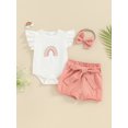 thumbnail image 2 of Liacowi Baby Girls Summer 3Pcs Clothes 3M 6M 12M 18M 24M Infant Newborn Girls Fly Sleeve Embroidery Rainbow Romper with Belted Shorts and Hairband Set, 2 of 9