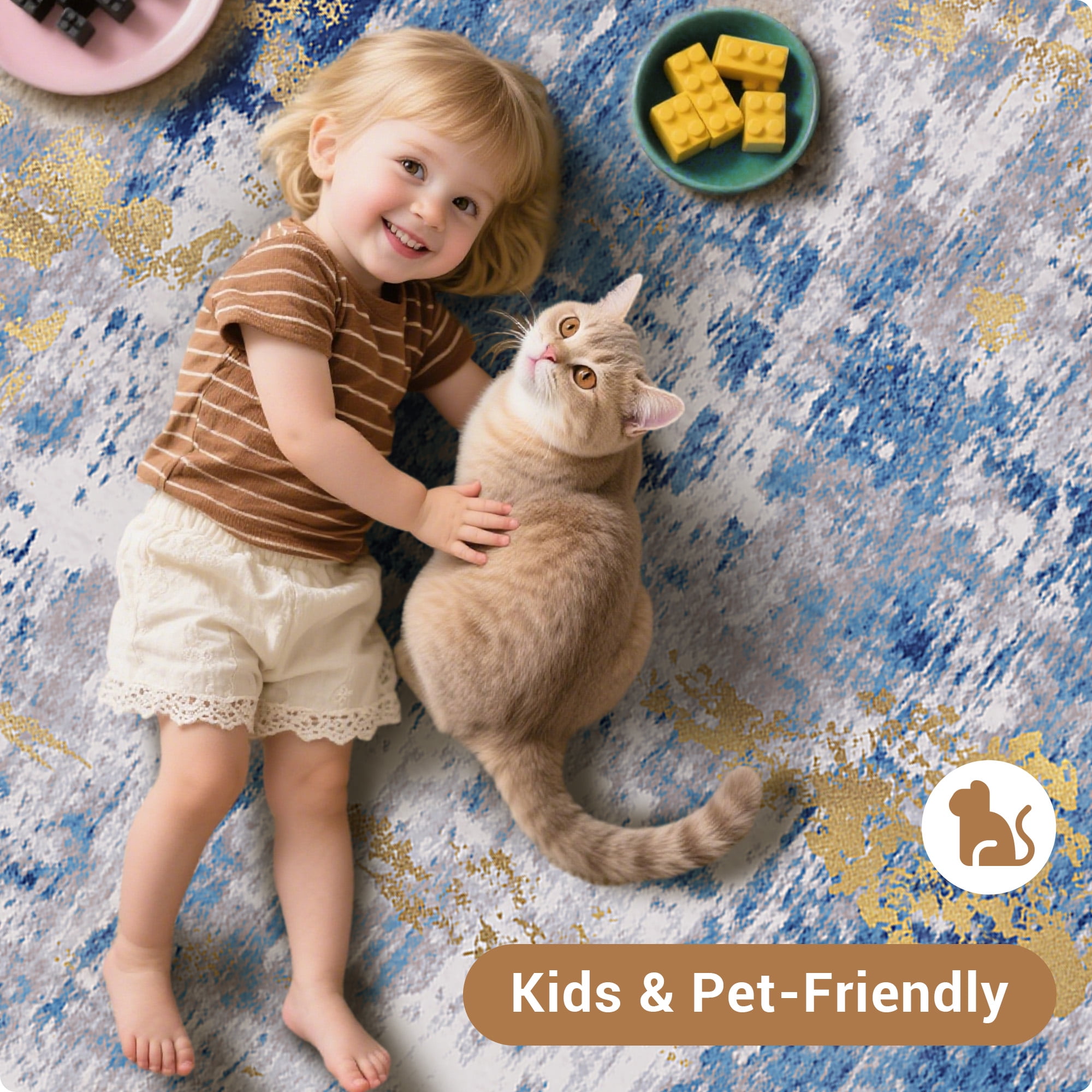 NewBuros Area Rugs 8'x10', Modern Abstract Non-Slip Washable Rugs for Living Room, Soft Low Pile Stain Resistant Indoor Carpet for Bedroom Dining Room Playroom, Blue Gold