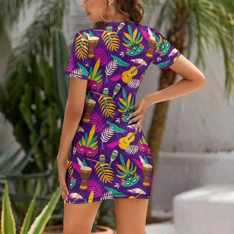 Mardi Gras Dresses for Women Short Sleeve Round Neck Dress Casual Simple Wrap Mini T Shirt Dress M