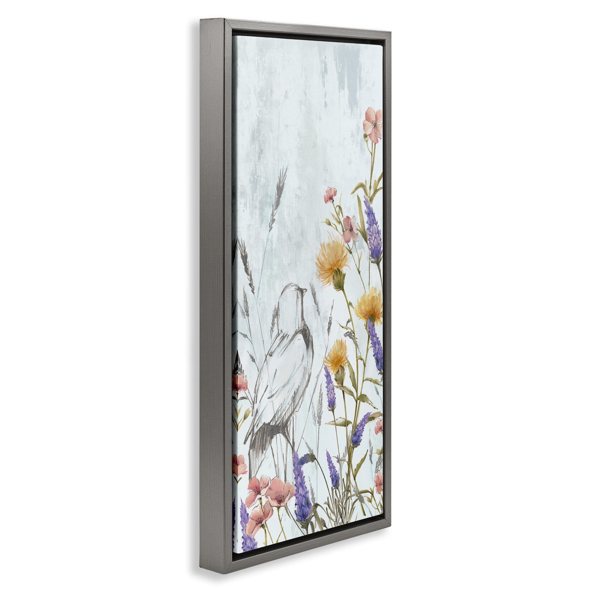 Stupell Industries Bird Outline with Wildflowers Plants & Flowers Painting Gray Floater Framed Canvas Art Print Wall Art, 11 x 25