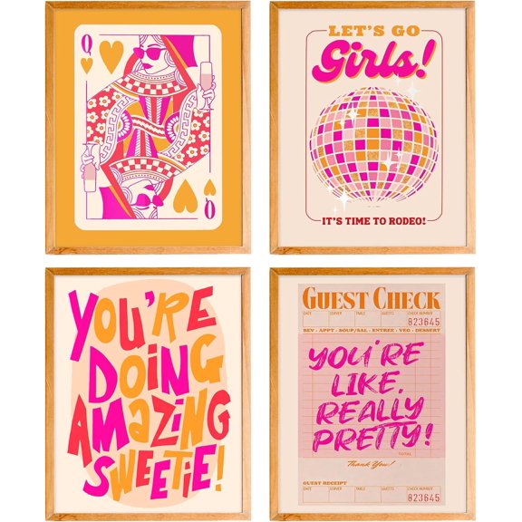 Pink and Orange Wall Art, Let's Go Girls Funky Trendy Y2K Preppy Disco Ball Posters Wall Art Prints for Girls Room Dorm Decor, Preppy Room Decor Aesthetic, 8x10 Inches Set of 4 Unframed
