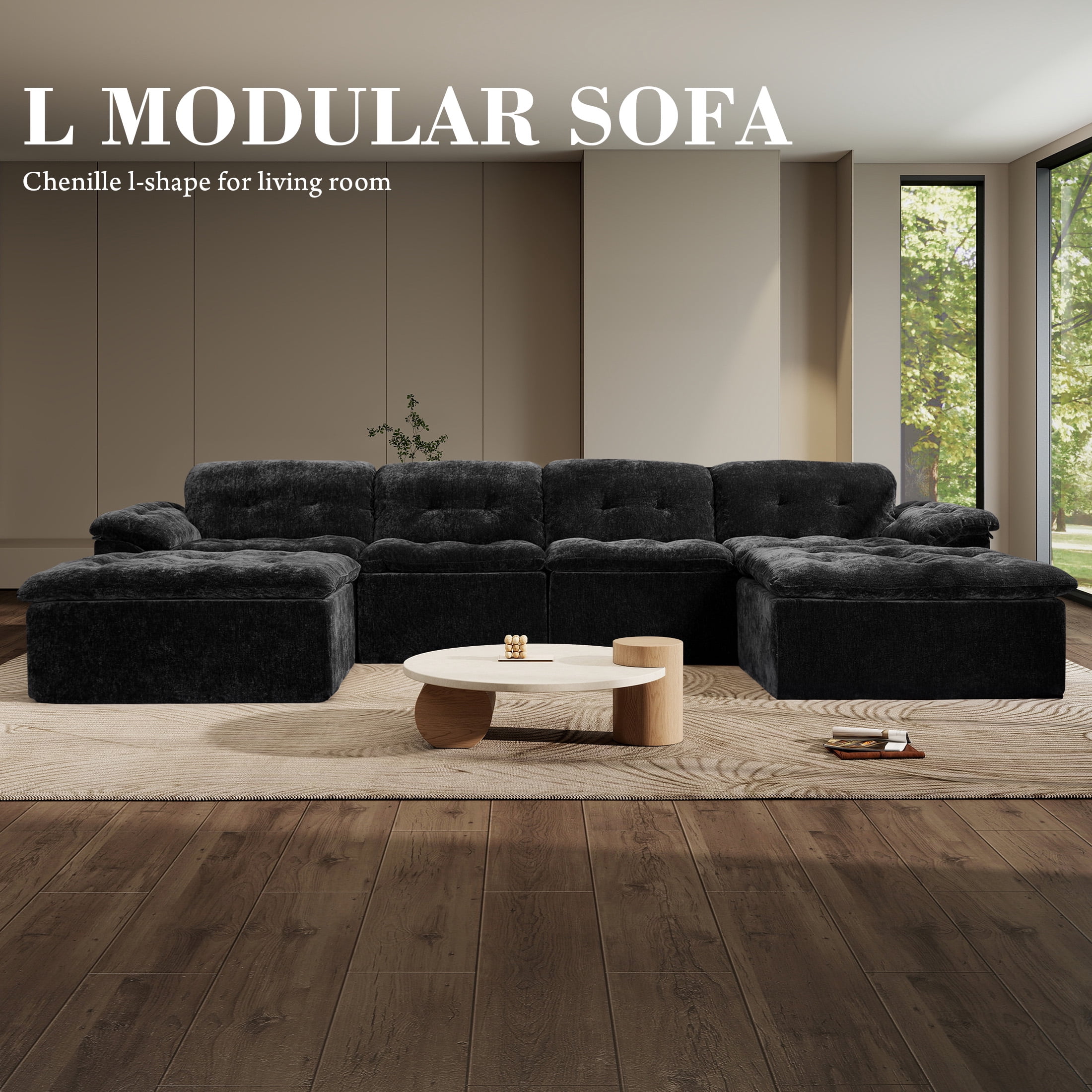 Aukfa 6-Piece U-Shaped Modular Sectional Sofa with 2 Ottomans for Living Room, Ice Flower Chenille, Black