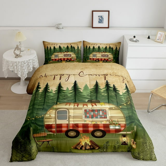 Erosebridal Ensemble de Couette Grand pour VR/auto, Couette en Duvet « Happy Camping », Décor de Camp Rustique, Réversible 3 Pcs