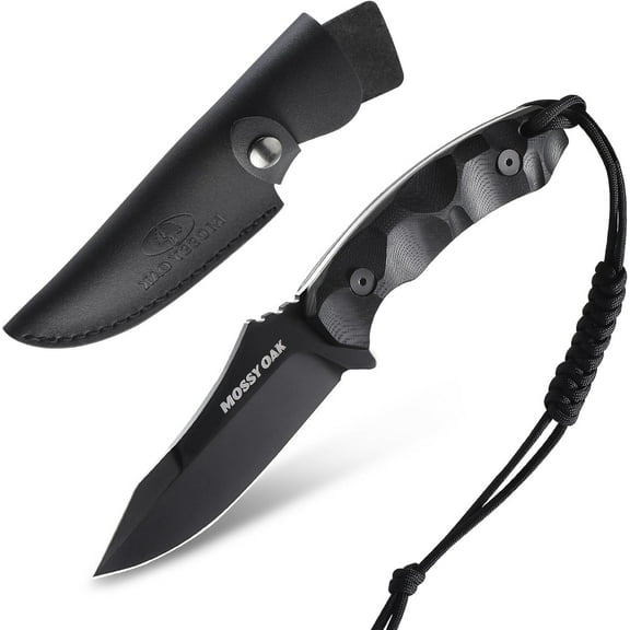 Mossy Oak 9" Fixed Blade Hunting Knife with Sheath, 14C28N Full Tang, G10 Handle Outdoor Knife for Survival, Camping, Hiking(Black)