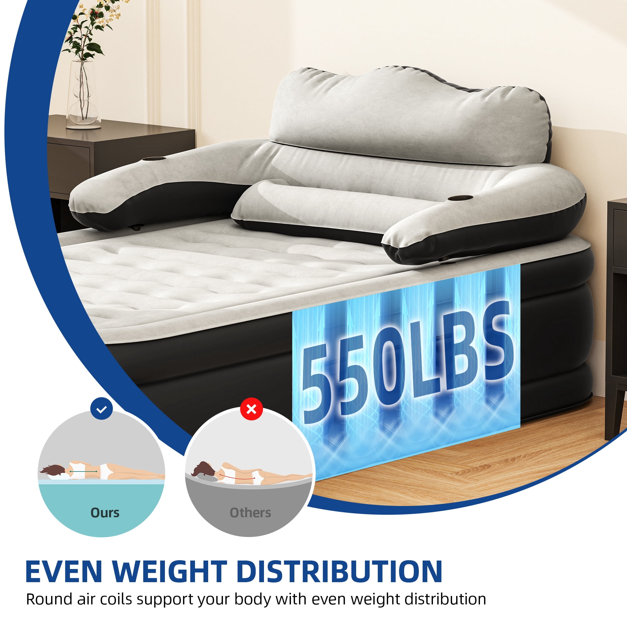 Uforic FullXL Air Bed featuring Headboard, 18in Inflatable Mattress with Pillow, Portable Electric Pump, Black - Ideal Queen Air Mattress for Camping & Home Use
