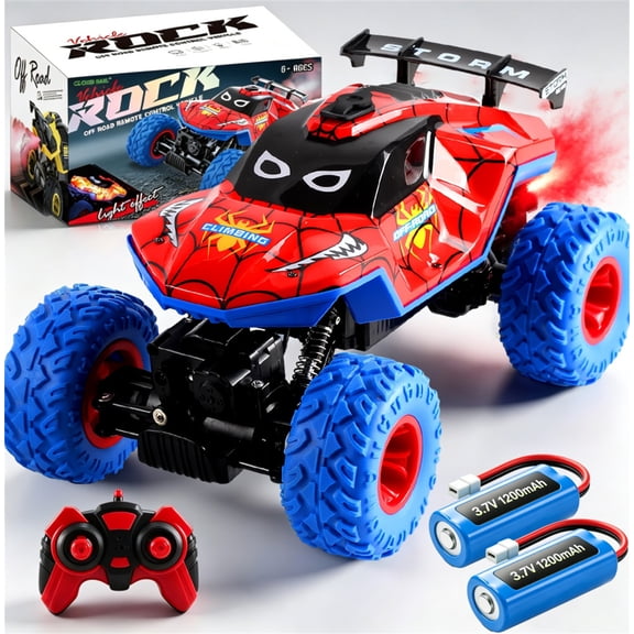 HNH 1:16 Spider Monster Truck RC Car, 4WD All Terrain Off-road Remote Control Car with 2 Batteries, Lighting, Spray