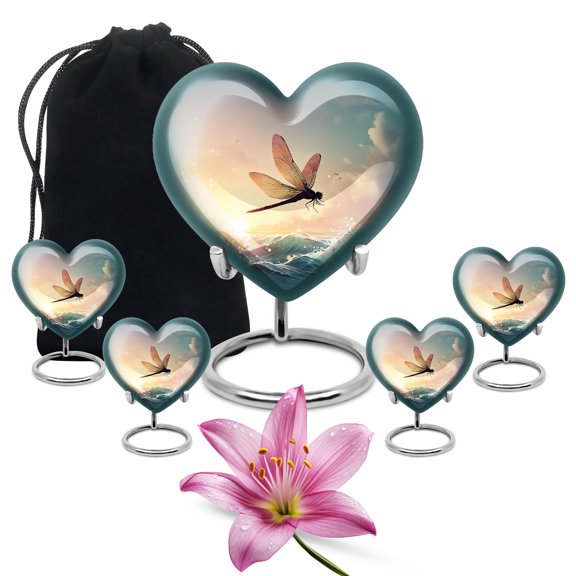 Dragonfly urn Adult Cremation Funeral Heart Urn for Human Ashes, Keepsake Decorative Gift for Father & Mother, Small Urns for Ash, Combo, Grey (10 Inch & 3 Inch Mini Set of 3)
