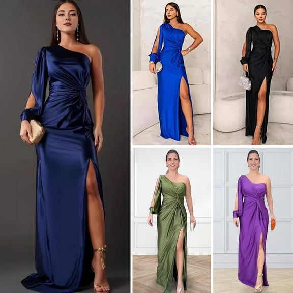 Lady Evening Dress - One Shoulder Sleeveless, Split Hem, Slim Waist, Pleated Maxi Dress