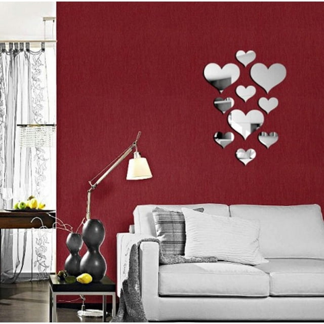 Vaidha 10pcs Heart Acrylic Mirror Wall Sticker Mural Decal Removable Stickers