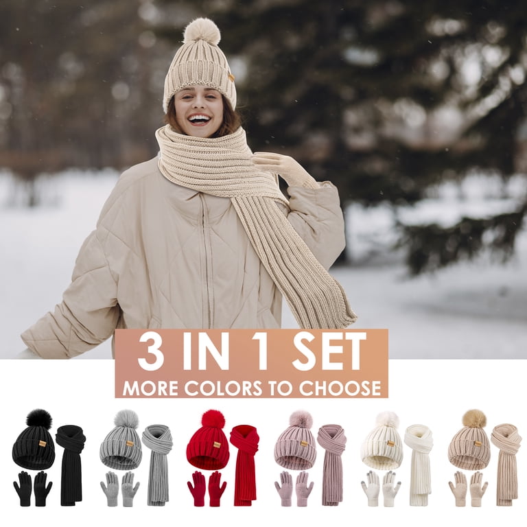 Winter Beanie Hat Scarf Gloves Set Fleece Lined Pom Pom Touchscreen 3 in 1 Women main image 3