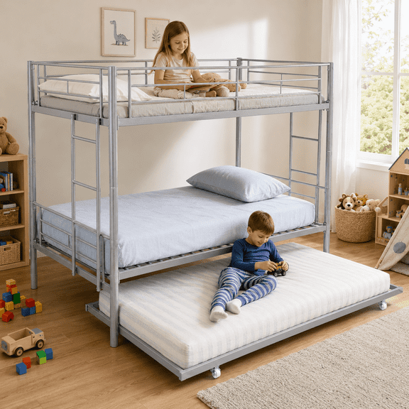 UHOMEPRO Twin Over Twin Metal Bunk Bed with Trundle, Convertible Triple Sleeper Bed with Guardrails and Ladders, No Box Spring Needed, Silver