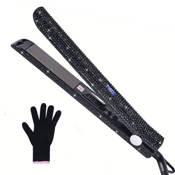 CMYS Professional Hair Straightener Bedazzled Rhinestone Hair Flat Iron Salon High Heat 480F, Dual Voltage, LCD Display, Black
