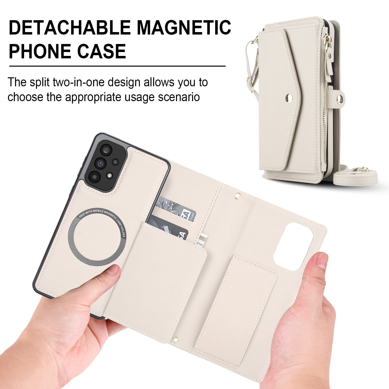 Designed for Samsung Galaxy A14 5G Multi-Function Wallet Phone Case,With Shoulder Strap&Wrist Strap,Cash Pocket&Card Slots,Zipper Purse,Magnetic Detachable PU Leather Flip Phone Case,White