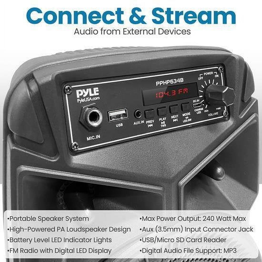 Pyle PPHP634B - 6.5’’ Portable PA Speaker - Portable PA & Karaoke Party Audio Speaker with Flashing Party Lights, MP3/USB/ /FM Radio (240 Watt MAX) - image 5 of 8