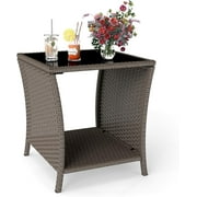 Kinbor Wicker Rattan Side Table Outdoor Square Tempered Glass Top with Storage, Sesame Color