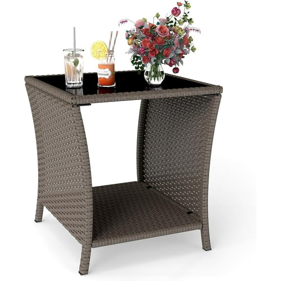 Kinbor Wicker Rattan Side Table Outdoor Square Tempered Glass Top with Storage, Sesame Color