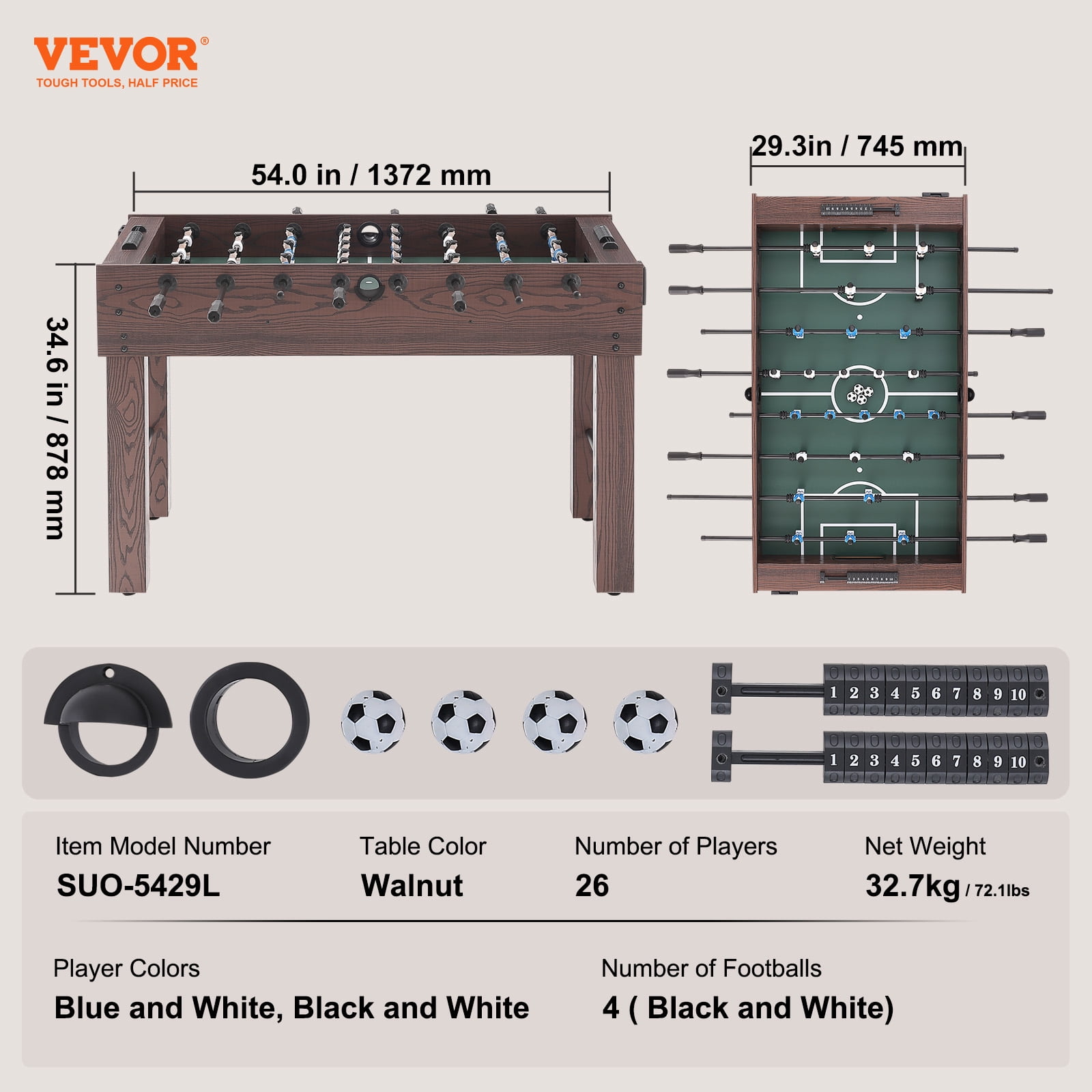 SKYSHALO Foosball Soccer Game Table Standard Size ,55 inch Foosball Table w/ Foosball Table Set, Includes 4 Balls and 2 Cup Holders for Home