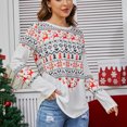 thumbnail image 2 of Camisa con estampado navideño, bloque de color, manga larga, informal, holgada, con cuello redondo, blusa con estampado para mujer, color blanco XL, 2 of 8