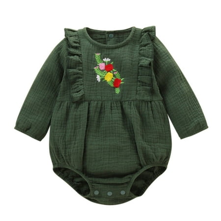 

Mikilon Newborn Infant Baby Girls Crape Embroider Ruffle Winter Clothes Romper Jumpsuit Baby Clothes for Girls 3-6 Months Green on Sale