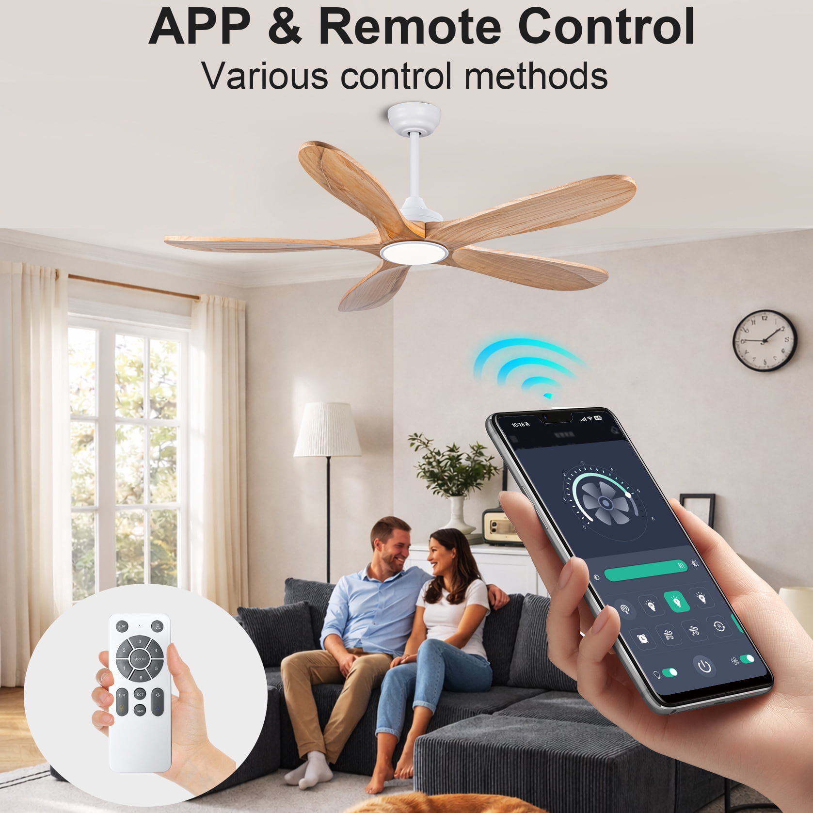 Mintazer 52 in Ceiling Fan with Lights and Remote, Modern Ceiling Fan with 6 Speed & 5 Blade for Farmhouse Bedroom Living Room Gazebo Patio, Natural