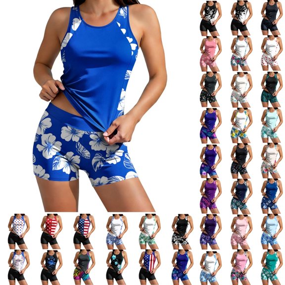 Qingpeng Women 2 Piece Tankini Swimsuit With Bra Graphic Tummy Control Sporty Bathing Suit Color Block Swim Tank Top with Shorts