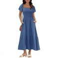thumbnail image 3 of Women Summer Casual Square Neck Flutter Sleeve Boho Smocked A-Line Flowy Tiered Modest Midi Sun Dress with Pockets Navy blue XXL, 3 of 8