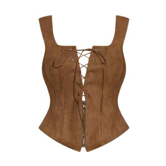 Renaissance Corset for Women's Faux Suede Vintage Sleeveless Lace Up Waistcoat Vests M Brown
