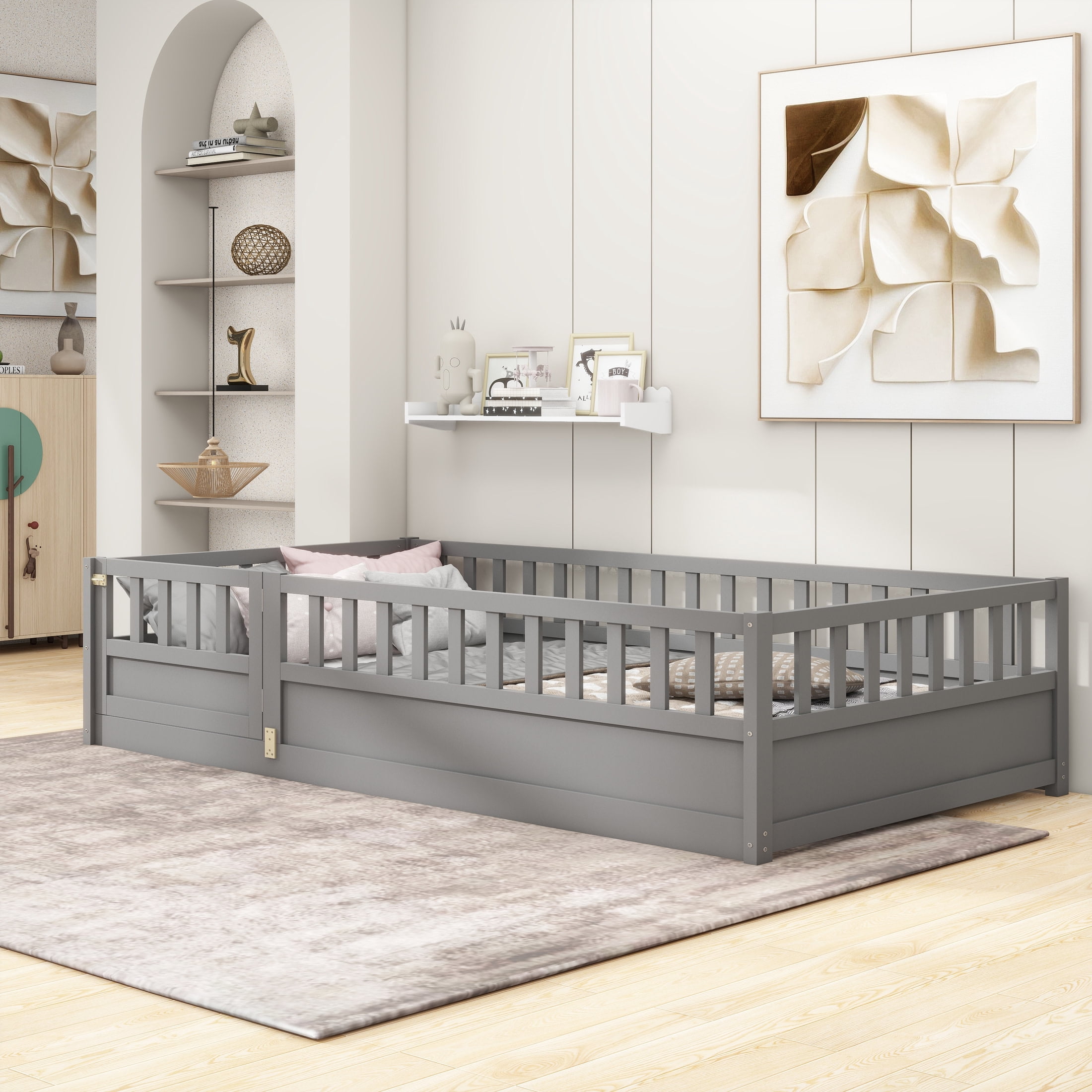 Noble House Twin Size Montessori Floor Bed with Guardrails and Door, Wood Kids Bed Frame, Gray